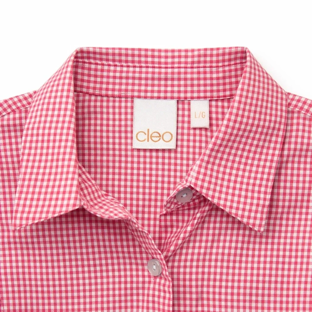 🩷 Cleo Pink & White Gingham Checkered Blouse Women’s Large Cotton Stretch - Picture 2 of 6